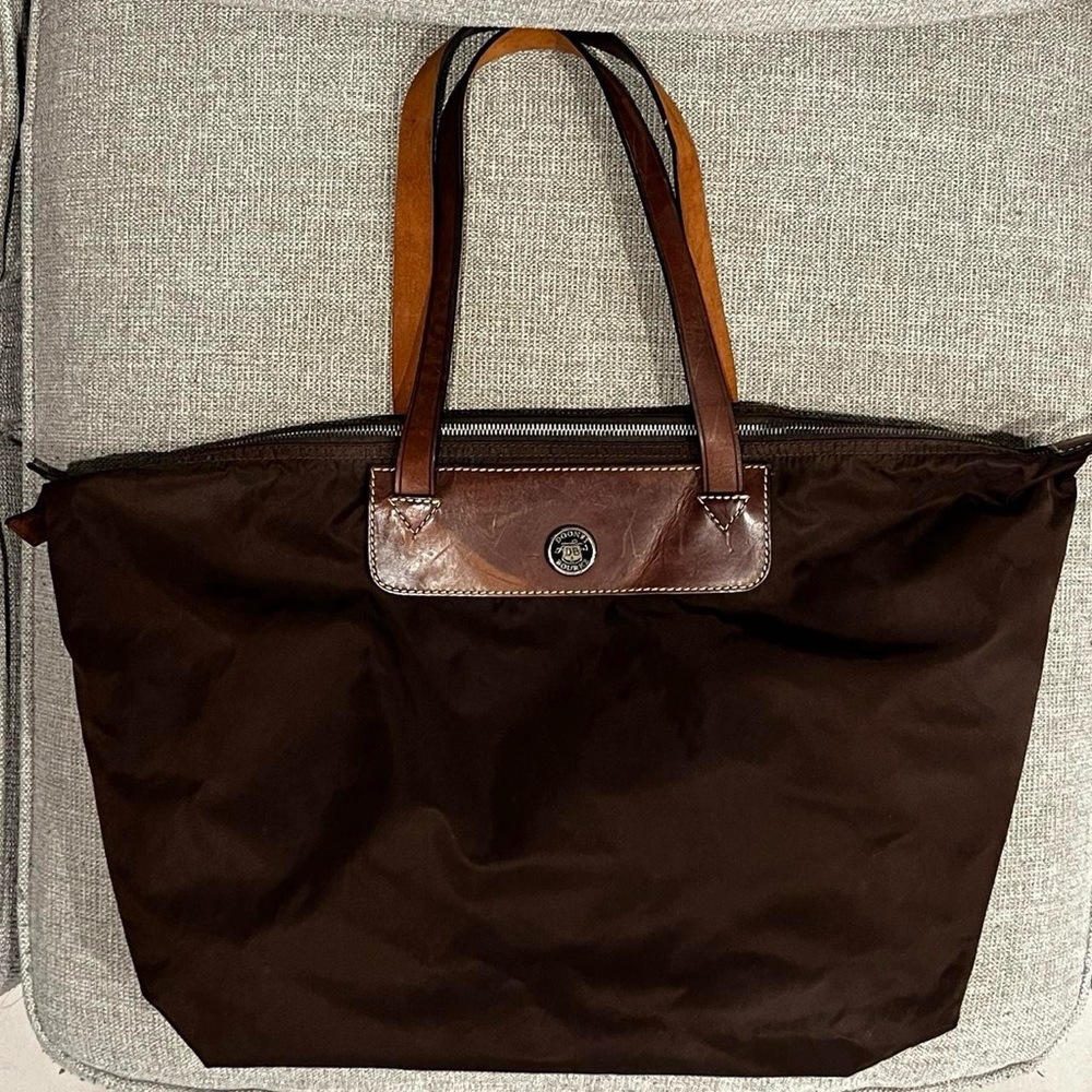 Vintage Dooney & Bourke brown leather and nylon large tote bag